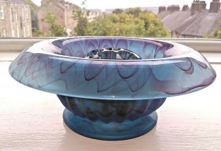 Art Deco Davidson Blue Cloud Glass Posy / Flower Bowl Vase & Frog 9 Inches Diam