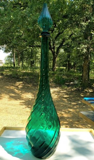 Mcm Empoli Italian Teal Green Optic Swirl Ribbed 25 " Genie Bottle Decanter