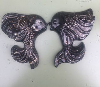 2 Vtg 60s Black Gold Ceramicraft Bathroom Wall Pocket Ceramic Fish Midcentury