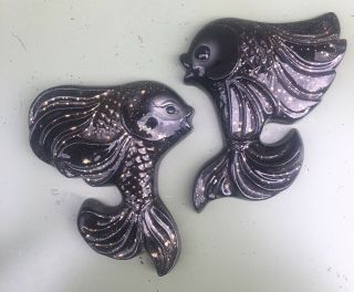 2 Vtg 60s Black Gold Ceramicraft Bathroom Wall Pocket Ceramic Fish Midcentury 2