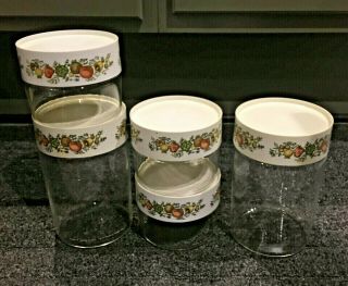 5 Piece Vintage PYREX Glass SPICE OF LIFE Stackable Canisters Set,  CORNING WARE 4