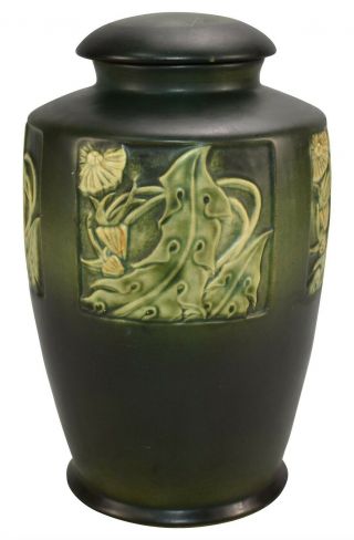Vintage,  Rare Roseville Pottery Rosecraft Panel Green Vase With Lid 295 - 9