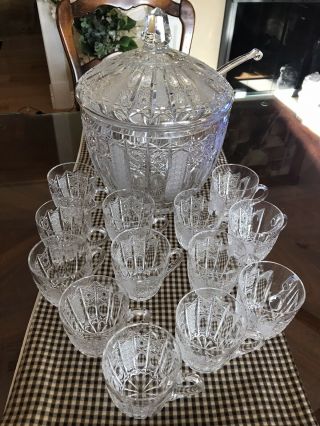 Cut Crystal Punch Bowl With Cover,  Glass Ladle And 14 Cups