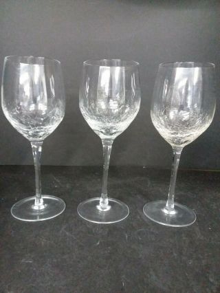Set Of 3 Pier 1 Angled Rim Clear Crackled Glass Wine Goblets