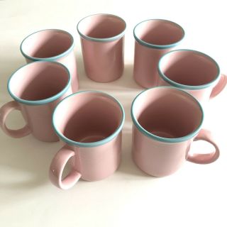 Rio Century Stoneware Set Of 7 Vintage Mugs Cups Pink Turquoise Trim D47106