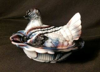 Vintage Purple White Slag Glass Hen On Nest Covered Candy Dish Rooster