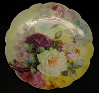 Antique Victorian French Limoges Hand Painted Roses Porcelain Chop Plate Charger
