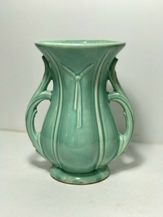 Vintage Mccoy Art Pottery Teal Green Vase 8 " Finial Double Handled Glossy Glaze