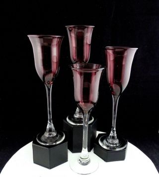 Cauell Signed Art Glass 4 Pc Amethyst & Clear Stem Tall 10 " Flared Wine Goblets