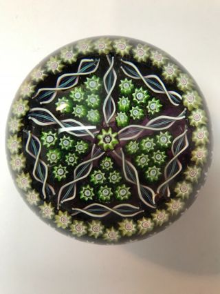 Perthshire Spoke Art Glass Paperweight Millefiori Purple & Greens 2 - 1/2 "
