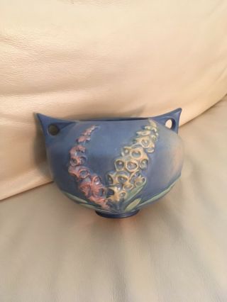 Roseville Foxglove 418 - 4 Vintage Blue American Art Pottery Double Handled Vase