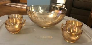 Vintage 1960s Egg Nog Punch Bowl Hazel Atlas Marigold Carnival Glass & 4 Glasses