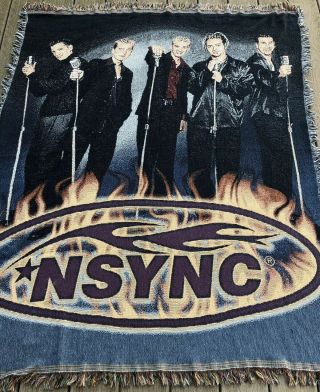Vintage 90s Nsync Woven Tapestry Fringe Blanket Large Throw Timberlake 65”x54”