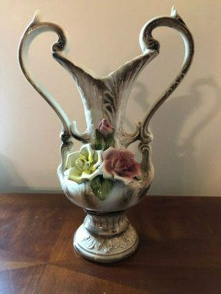 Vintage Estate Italian Capodimonte Large Double Handled Vase Urn Flowers Rose