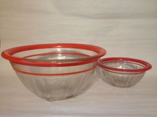 Art Deco Hocking Glass Ribbed Set Of 2 Mixing Bowls Clear Red Cold Painted Trim