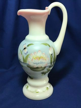 Fenton Art Glass Hand Painted Water Lily Ewer Vase