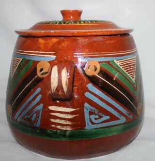Clay Crock Steamer Stoneware Painted Aztec Design Mexico Cookie Jar Pot