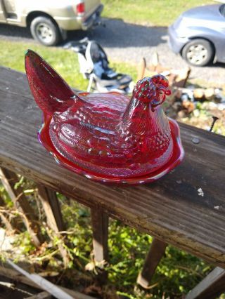 Rare Fenton 5& 1/2 In Iridescent Carnival Glass Hen On Nest Candy Dish Exc