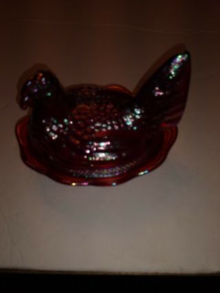 Rare Fenton 5& 1/2 in Iridescent Carnival Glass Hen on Nest Candy Dish EXC 3