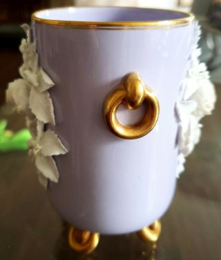 ANTIQUE MEISSEN GERMANY FOOTED VASE WITH INTRICATE RAISED WHITE FLOWERS 4