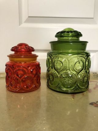 Vintae Le Smith Green Orange Glass Jars Canister 60s 70s Decor