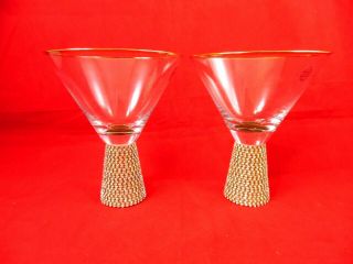 Martini Glasses Rhinestone " Diamond " Studded W/ Gold Rim Trinkware Set Of 2