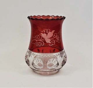 Eapg Kings Crown Omn: Excelsior Celery Vase Ruby Stained Glass W/ Etching Adams