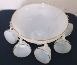 Anchor Hocking Grapes Pattern Milk Glass Punch Bowl W/ 8 Cups & Ladle Gold Trim