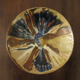 Handmade Stoneware Blue & Brown Glazed Pottery Bowl Signed 11.  5 "