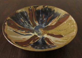Handmade Stoneware Blue & Brown Glazed Pottery Bowl Signed 11.  5 