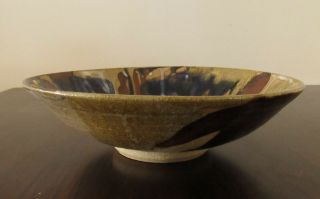 Handmade Stoneware Blue & Brown Glazed Pottery Bowl Signed 11.  5 