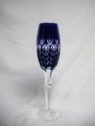 Cobalt Blue Cut To Clear Crystal Glass Champagne Flute Wine Goblet Stem