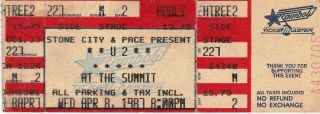 1987 Apr U2 At The Summit Houston Texas Ticket Stub