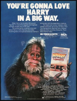 Harry And The Hendersons_orig.  1987 Trade Print Ad / Video Promo_john Lithgow