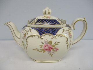 Vintage Sadler Cube Teapot With Cobalt Gold Edge & Pink Rose 2884