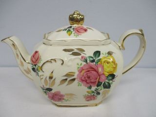 Vintage Sadler Cube Teapot With Gold Leaf & Roses