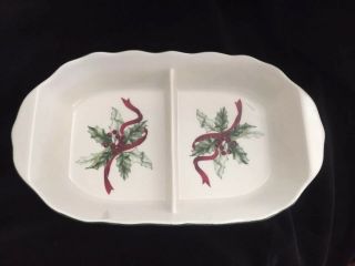 Charter Club " Winter Garland " 11 " Oval Divided Vegetable Bowl Ribbon Bows Holly