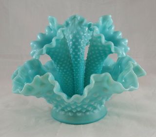 Vintage Fenton Turquoise Blue Milk Glass Hobnail Epergne Flower Vase,  Imperfect