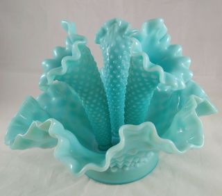 Vintage Fenton Turquoise Blue Milk Glass Hobnail Epergne Flower Vase,  IMPERFECT 2
