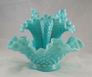 Vintage Fenton Turquoise Blue Milk Glass Hobnail Epergne Flower Vase,  IMPERFECT 3