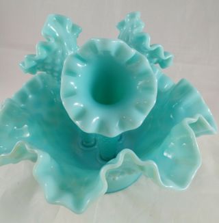 Vintage Fenton Turquoise Blue Milk Glass Hobnail Epergne Flower Vase,  IMPERFECT 4