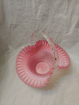 Large Fenton Glass Pink Cranberry Opalescent Hobnail Ruffled Brides Basket