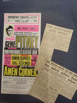 Rare Gene Pitney Handbill Flyer And Newspaper Cutting 1968