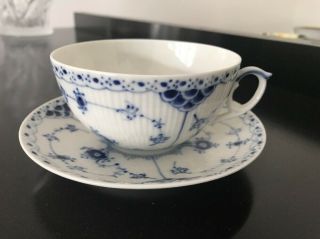 Royal Copenhagen - 1st Quality - Blue Fluted Half Lace Tea Cup & Saucer 656