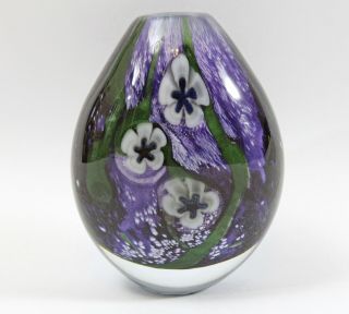 Robert Eickholt 2001 Art Glass 4.  25” Paperweight Bud Vase Purple Seascape Flower