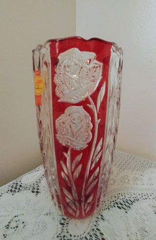 Vintage Anna Hutte Bleikristall Lead Crystal Vase Roses Ruby Red Germany
