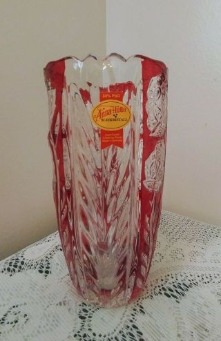 Vintage ANNA HUTTE BLEIKRISTALL Lead Crystal Vase Roses Ruby Red Germany 2