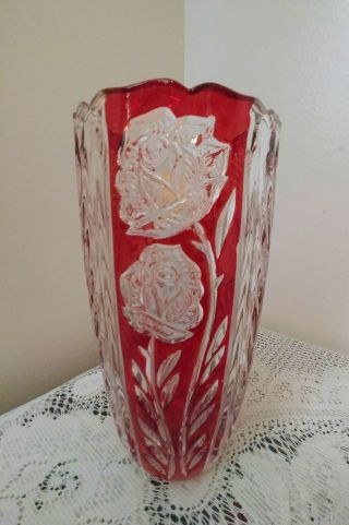 Vintage ANNA HUTTE BLEIKRISTALL Lead Crystal Vase Roses Ruby Red Germany 3