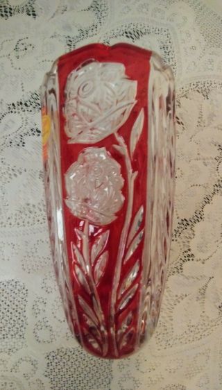 Vintage ANNA HUTTE BLEIKRISTALL Lead Crystal Vase Roses Ruby Red Germany 5