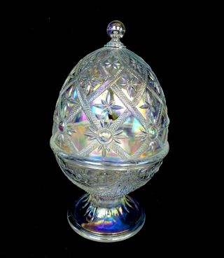 L E Smith Glass Clear Iridescent Alexandra Egg Shaped 9 1/4 " Lidded Candy Dish